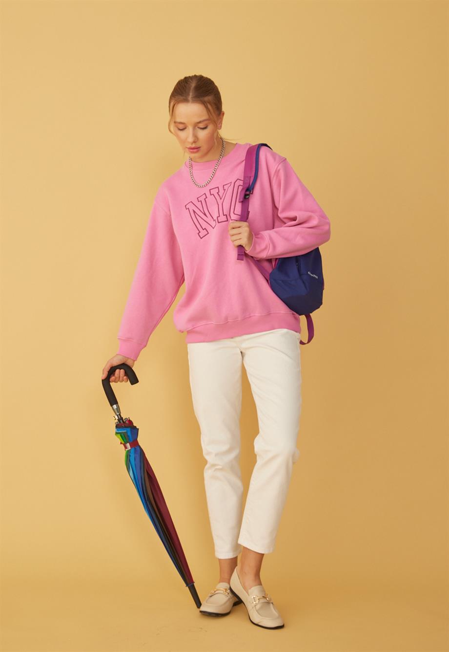 Kadın Pembe Renk NYC Baskılı Oversize Sweatshirt