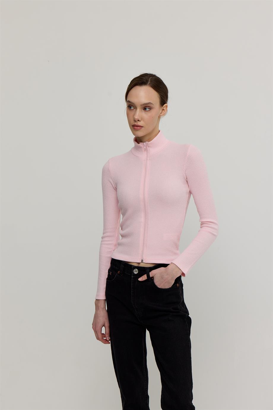 Kadın Pembe Renk Yarım Balıkçı Fermuarlı Crop Hırka