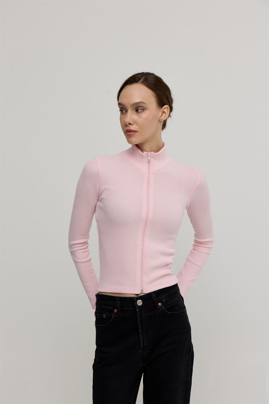 Kadın Pembe Renk Yarım Balıkçı Fermuarlı Crop Hırka