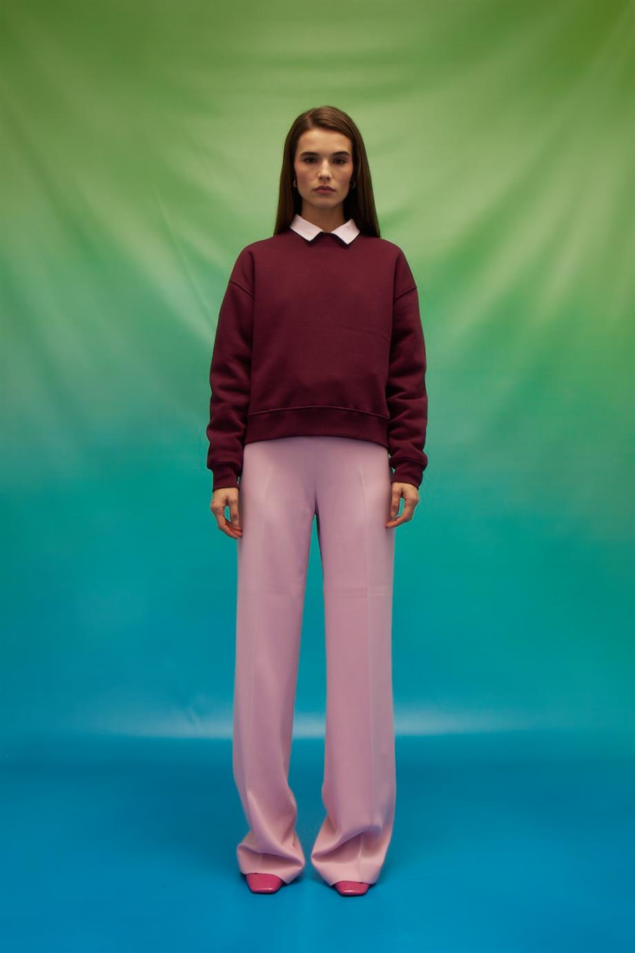 Kadın Vişne Renk Şardonlu Basic Sweatshirt