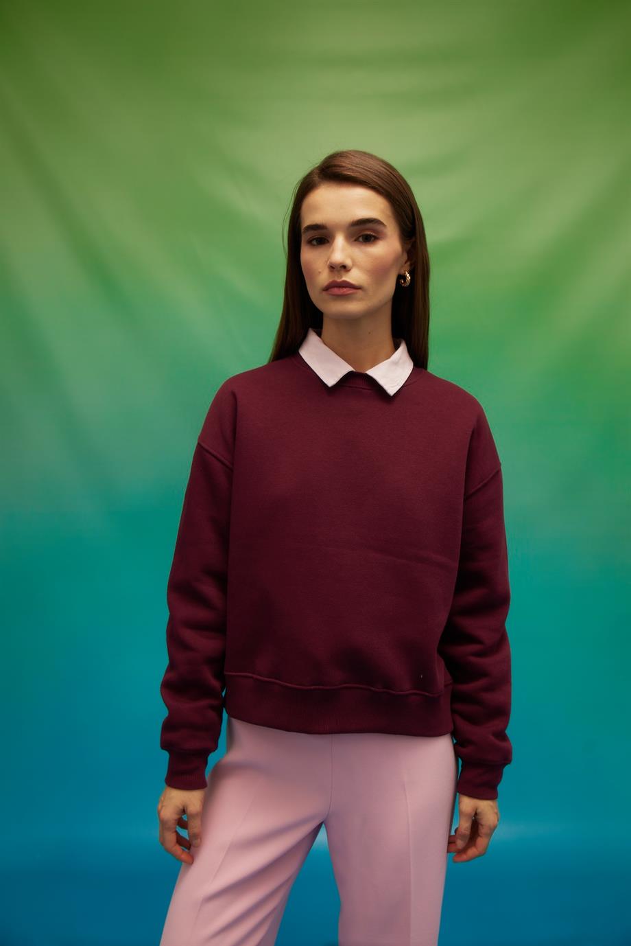 Kadın Vişne Renk Şardonlu Basic Sweatshirt