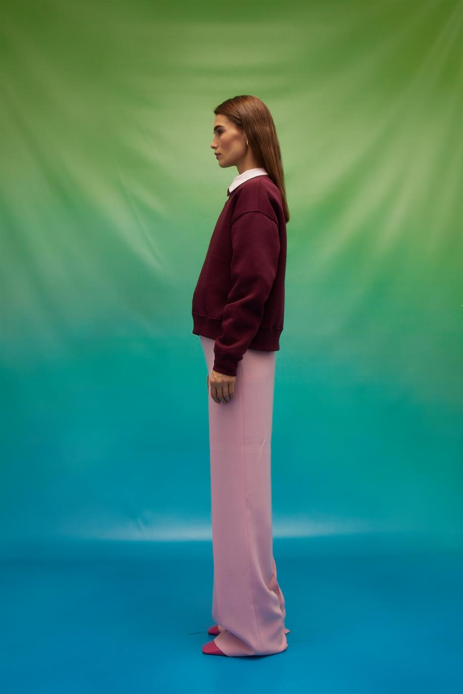 Kadın Vişne Renk Şardonlu Basic Sweatshirt
