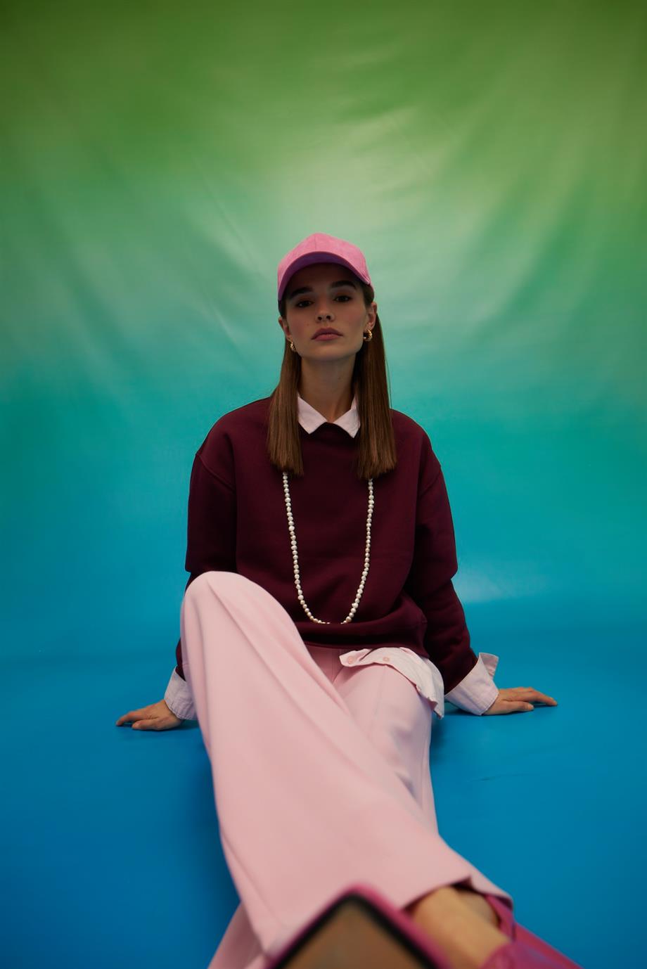 Kadın Vişne Renk Şardonlu Basic Sweatshirt