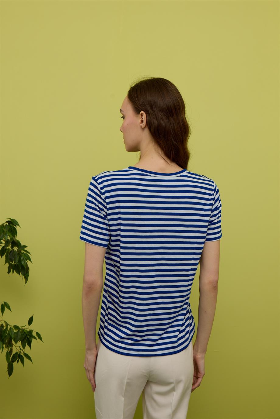 Kadın Sax Renk Çizgili Kısa Kollu T-Shirt