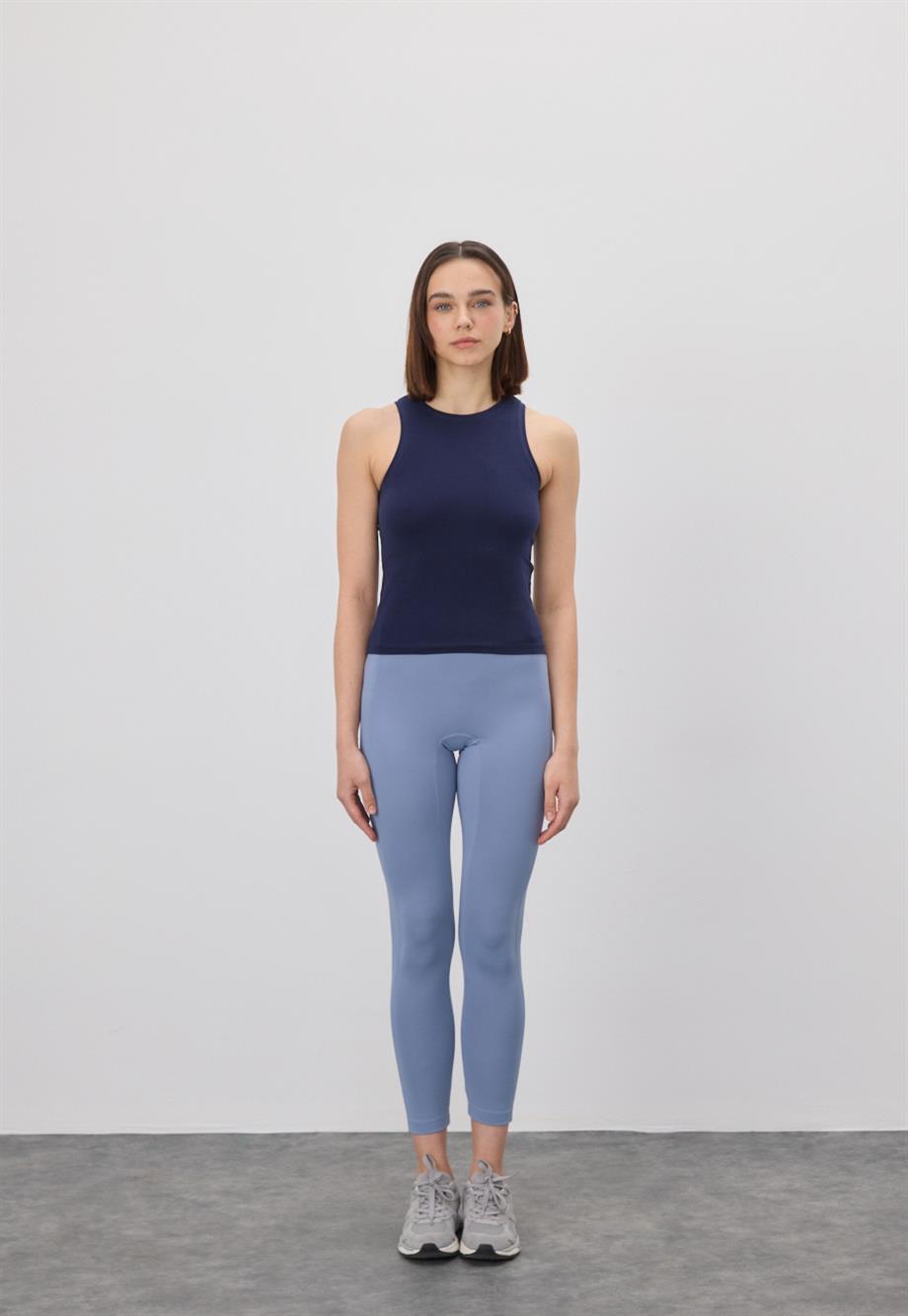 Kadın Sıfır Kol Lacivert Crop Bluz