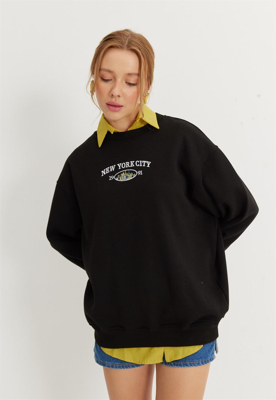 Kadın Siyah New York City Baskılı Oversize Sweatshirt