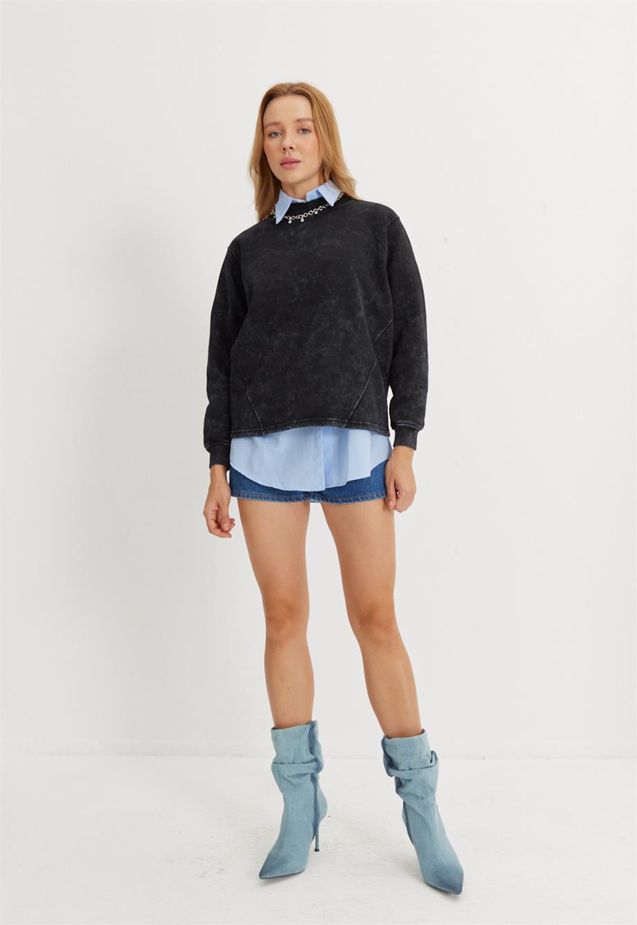 Kadın Siyah Renk Yıkamalı Eskitmeli Kısa Sweatshirt