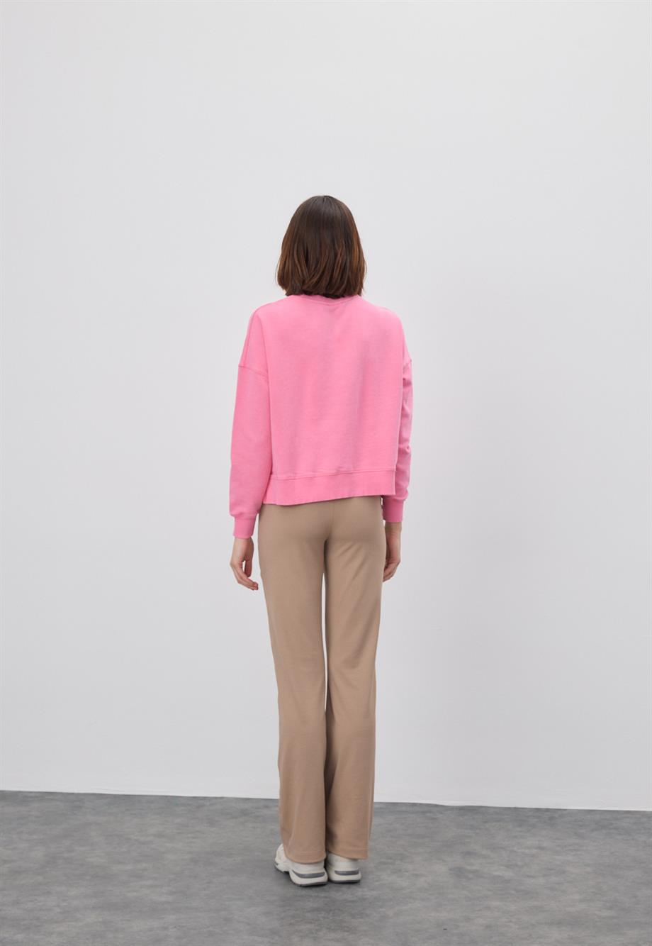 Kadın V Detaylı Efektli Pembe Renk Kısa Sweatshirt