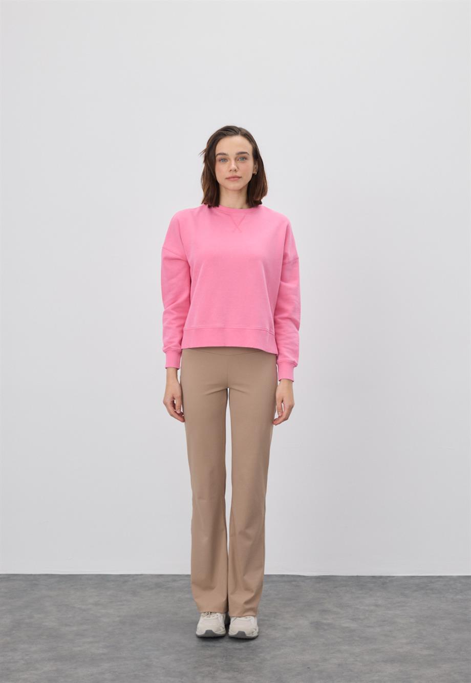 Kadın V Detaylı Efektli Pembe Renk Kısa Sweatshirt