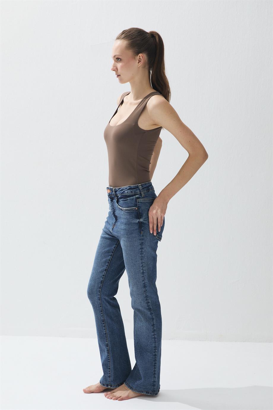 Kadın Vizon Renk Kare Yaka Çıtçıtlı Body