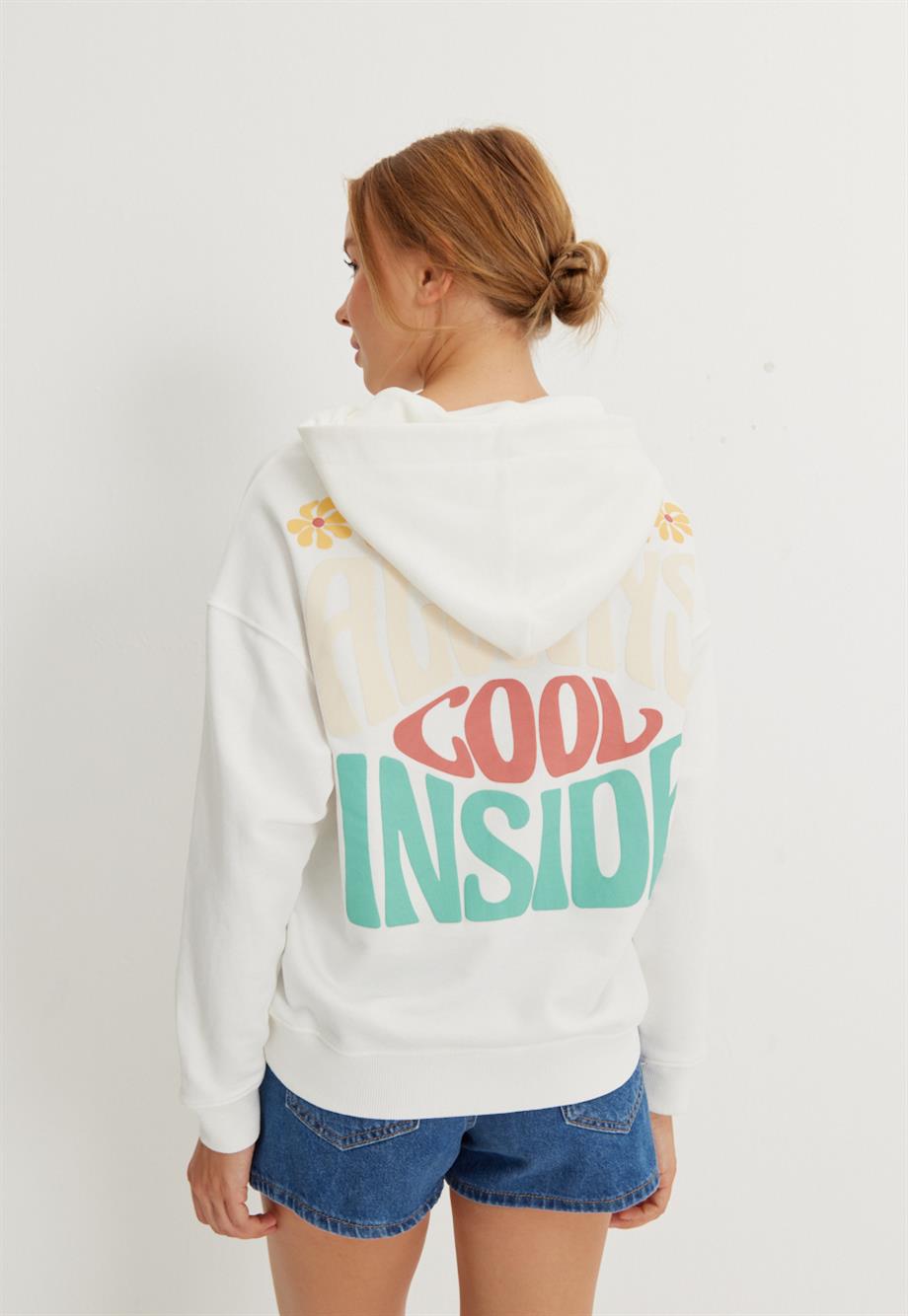 Kapüşonlu Fermuarlı Baskı Detaylı Sweatshirt
