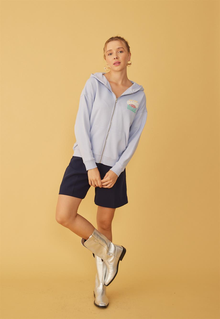 Kapüşonlu Fermuarlı Baskı Detaylı Sweatshirt
