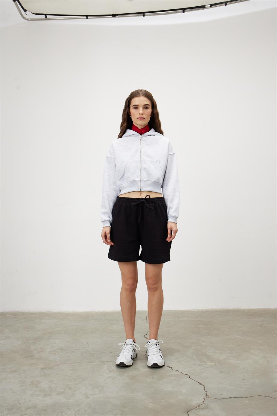 Kadın Kar Melanj Kapüşonlu Şardonlu Crop Sweatshirt Hırka