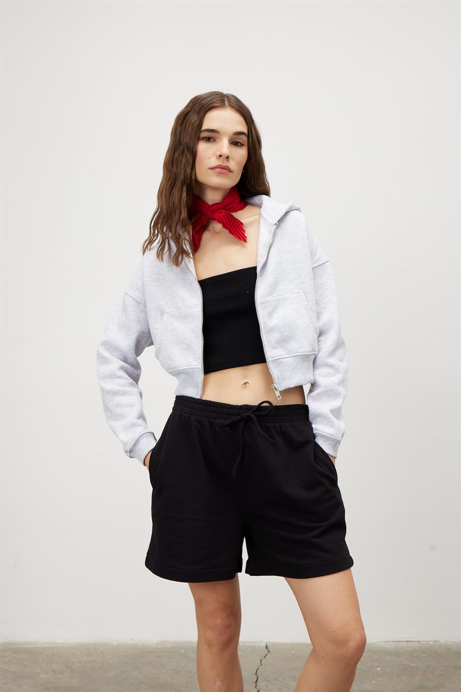 Kadın Kar Melanj Kapüşonlu Şardonlu Crop Sweatshirt Hırka