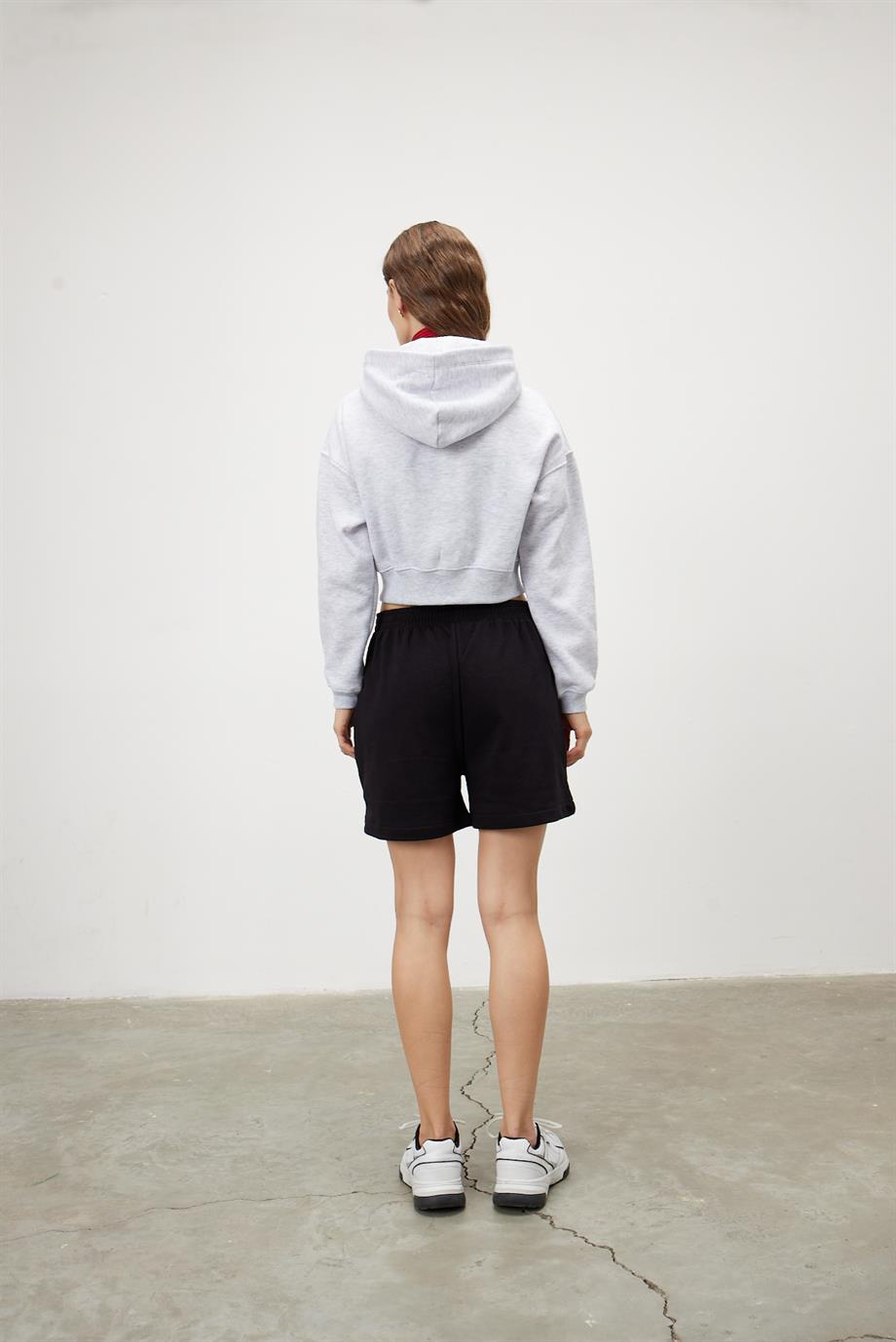 Kadın Kar Melanj Kapüşonlu Şardonlu Crop Sweatshirt Hırka