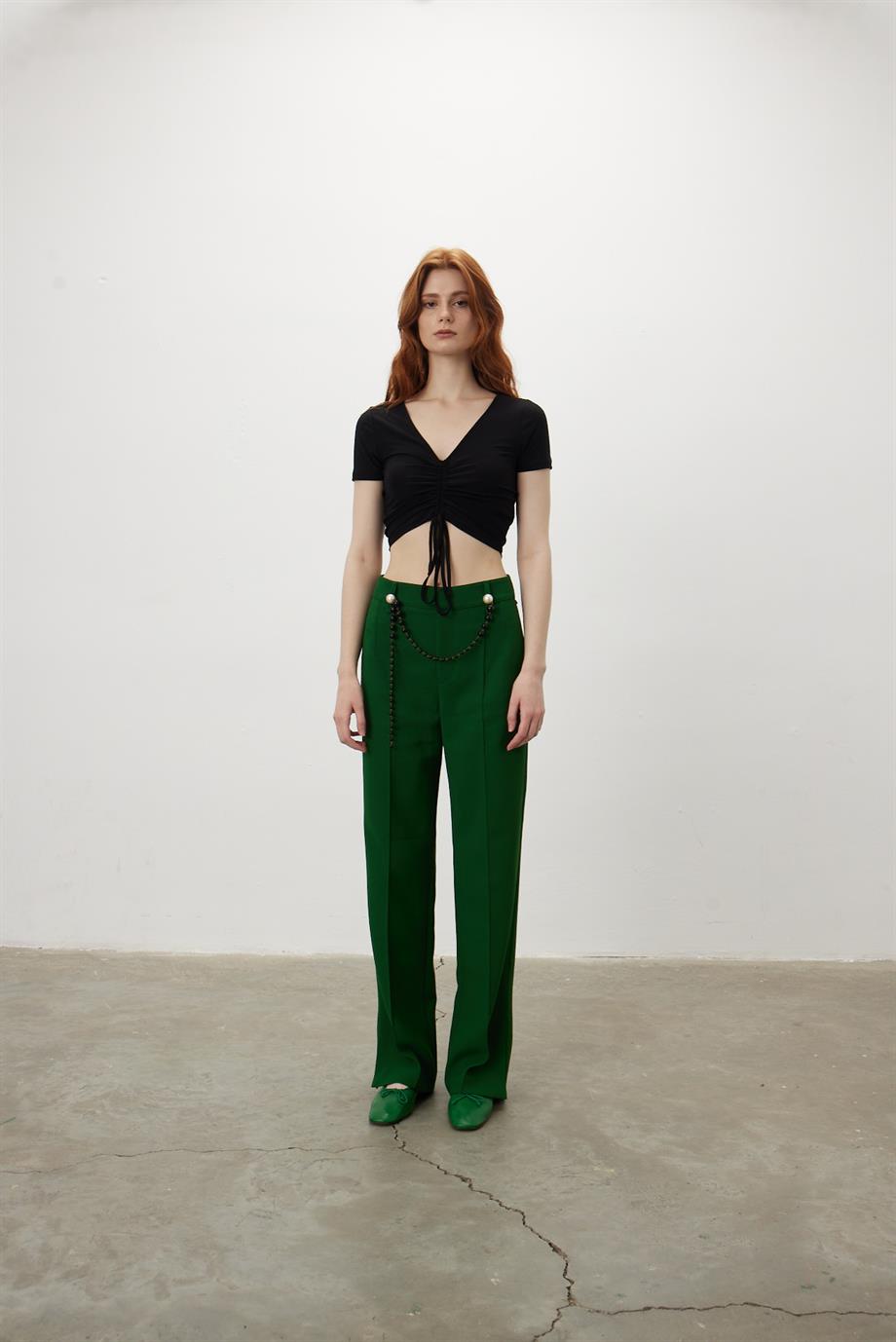 Ortası Büzgülü V Yaka Crop Bluz