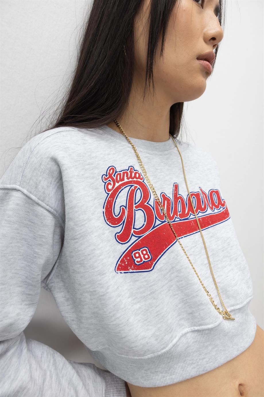 Santa Barbara Baskılı Kar Melanj Şardonlu Crop Sweatshirt