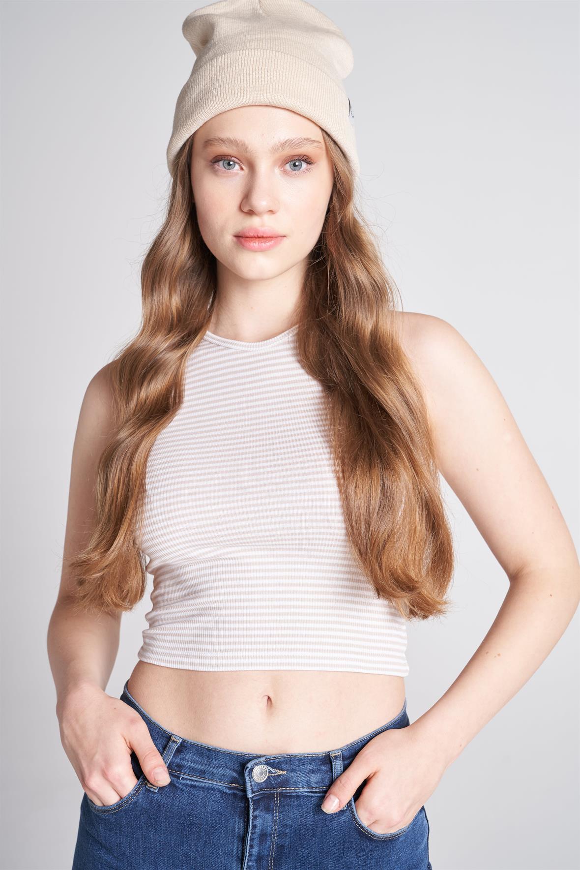 Çizgi Desenli Crop Bluz