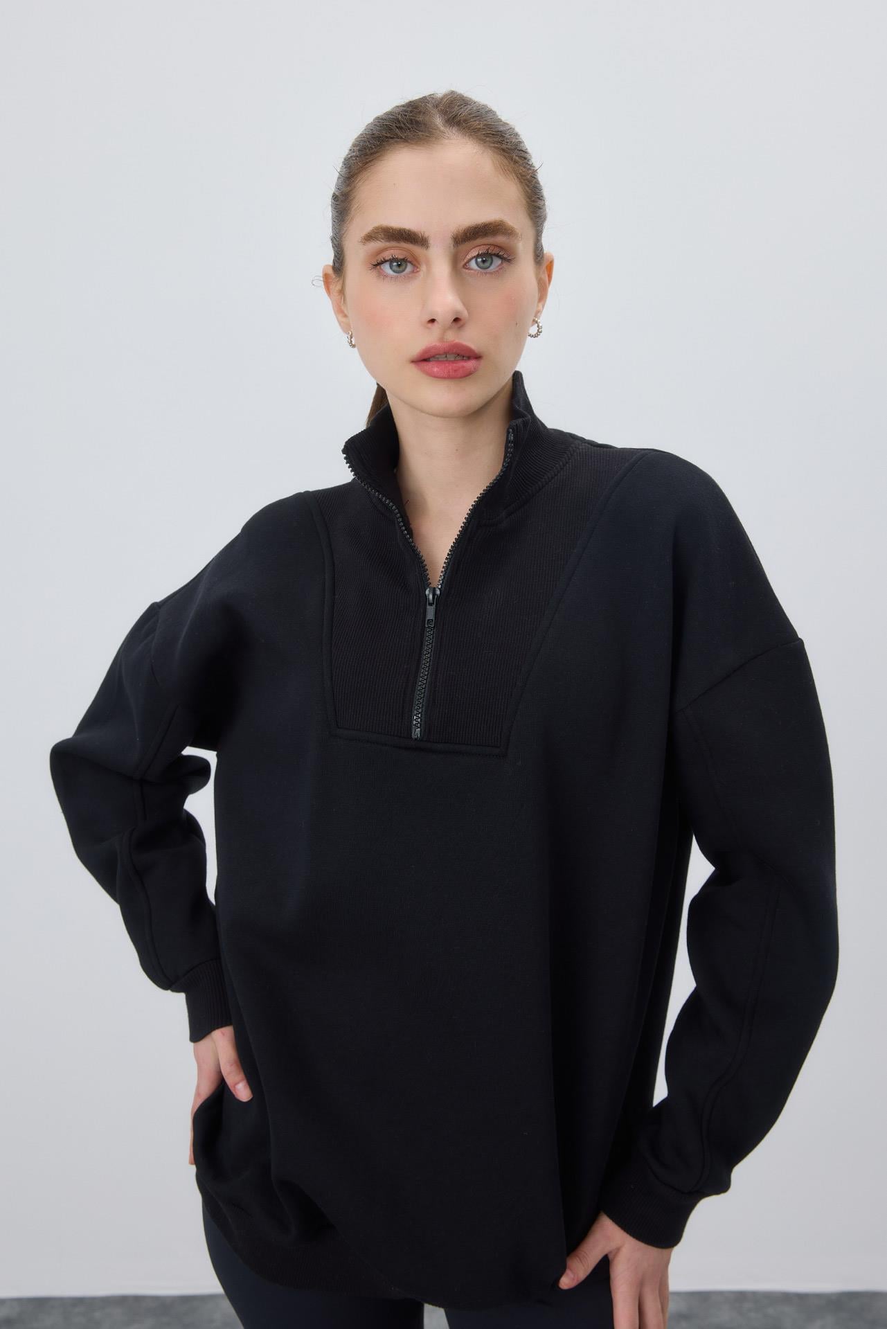 Fermuarlı Balıkçı Yaka Sweatshirt