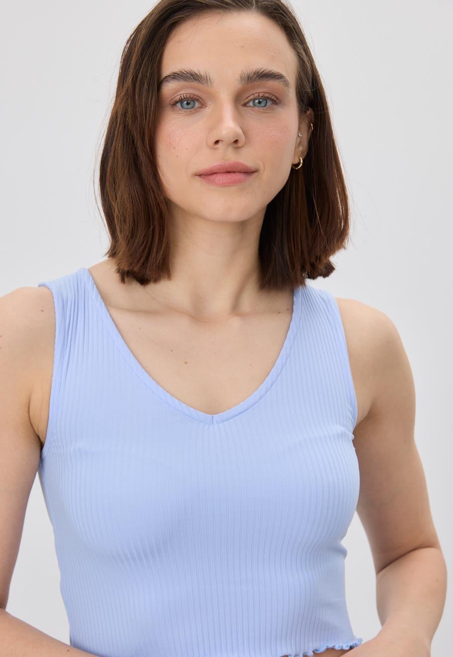 Kadın Açık Mavi V Yaka Crop Bluz