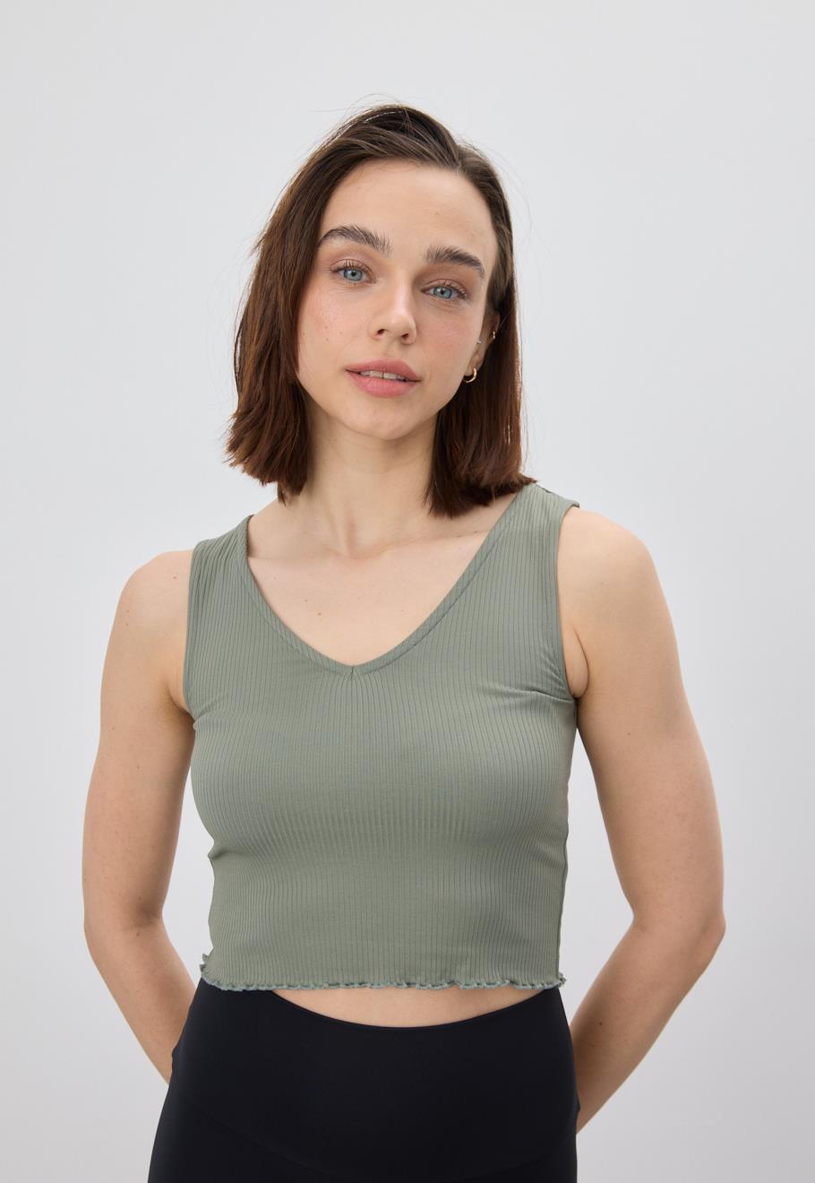 Kadın Açık Yeşil V Yaka Crop Bluz