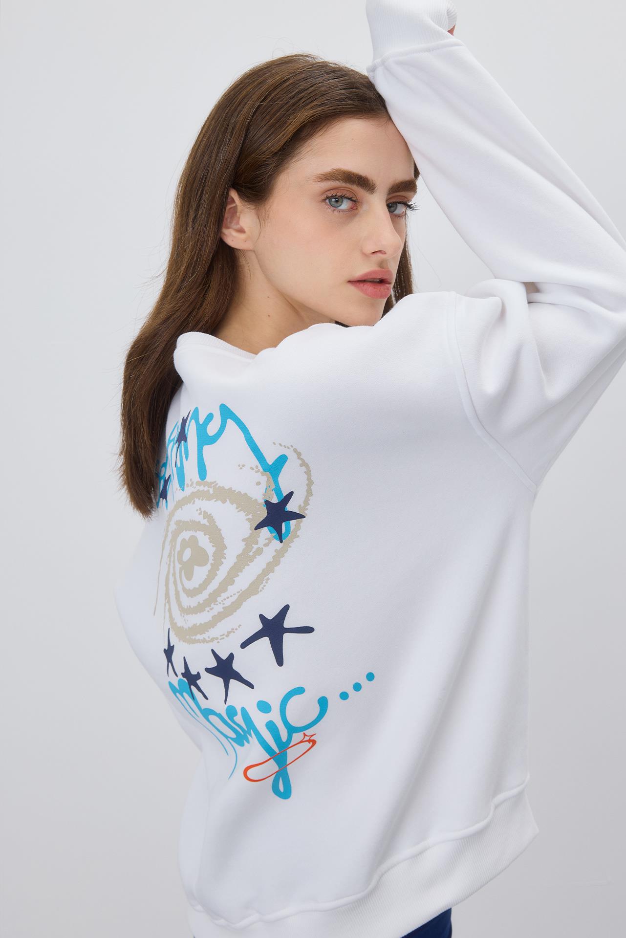 Kadın Beyaz Renk Baskılı Sweatshirt