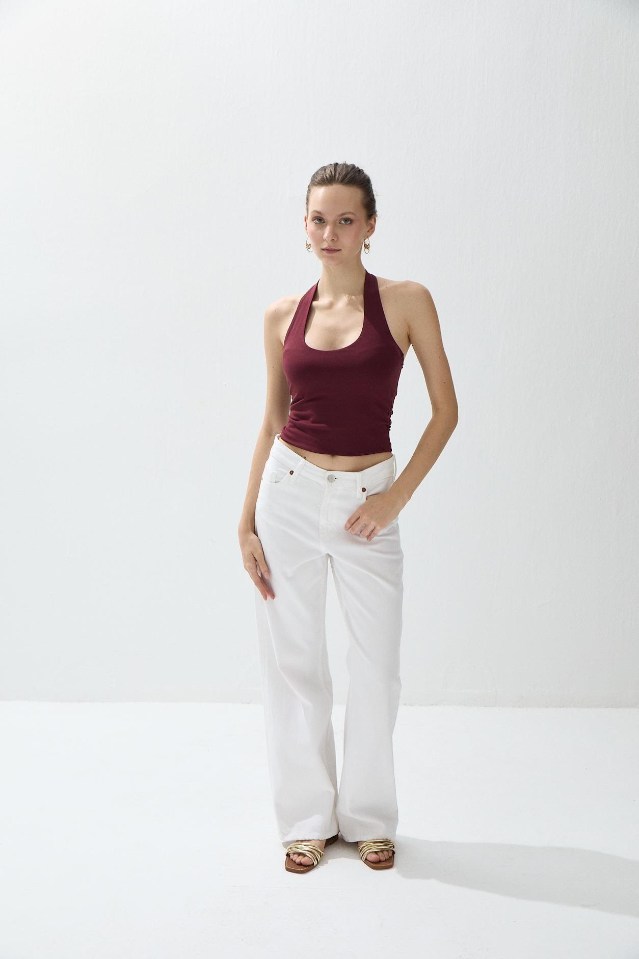 Kadın Bordo Renk Halter Yaka Crop Bluz