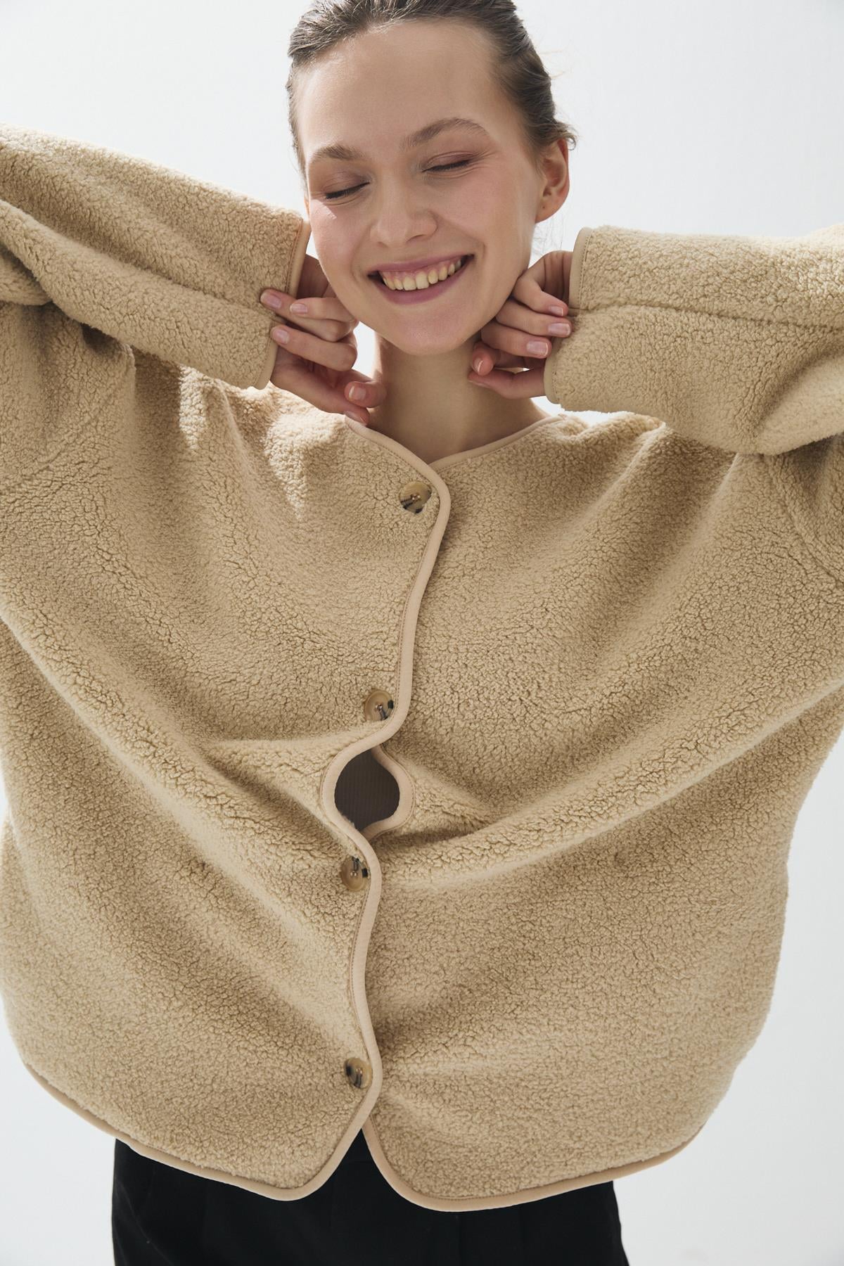 Kadın Camel Renk İliklenebilir Cepli Peluş Ceket