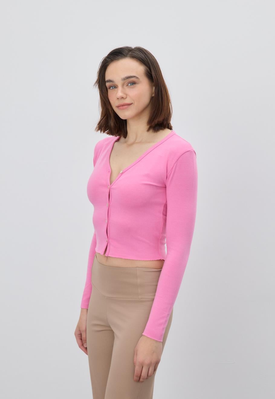 Kadın Düğmeli V Yaka Pembe Crop Hırka 