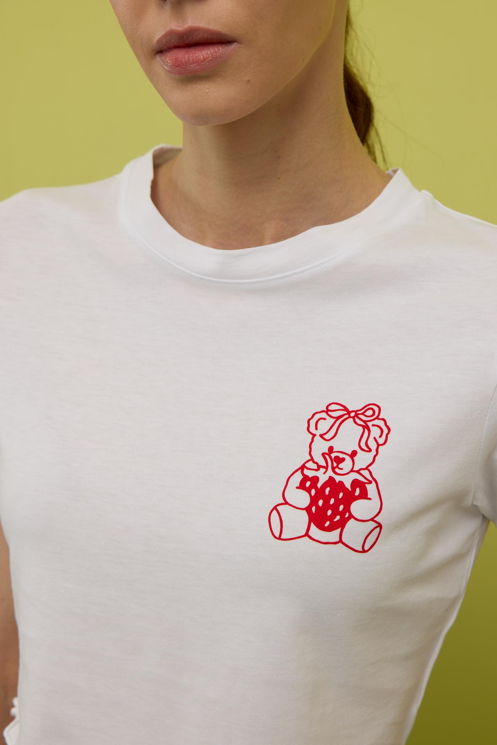 Kadın Ekru Renk Ayıcık Baskılı Kısa Kollu T-shirt