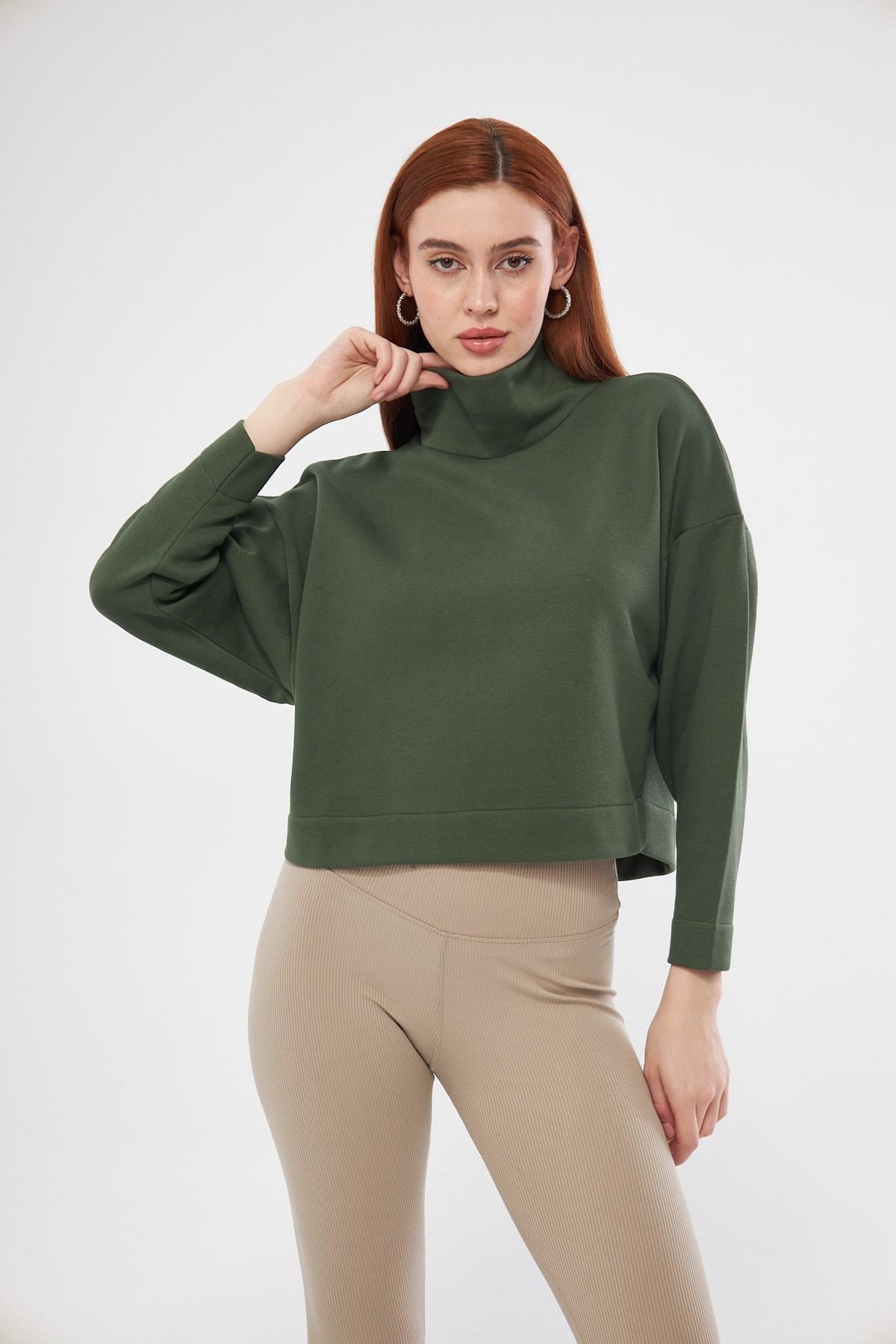 Kadın Haki Balıkçı Yaka Sweatshirt