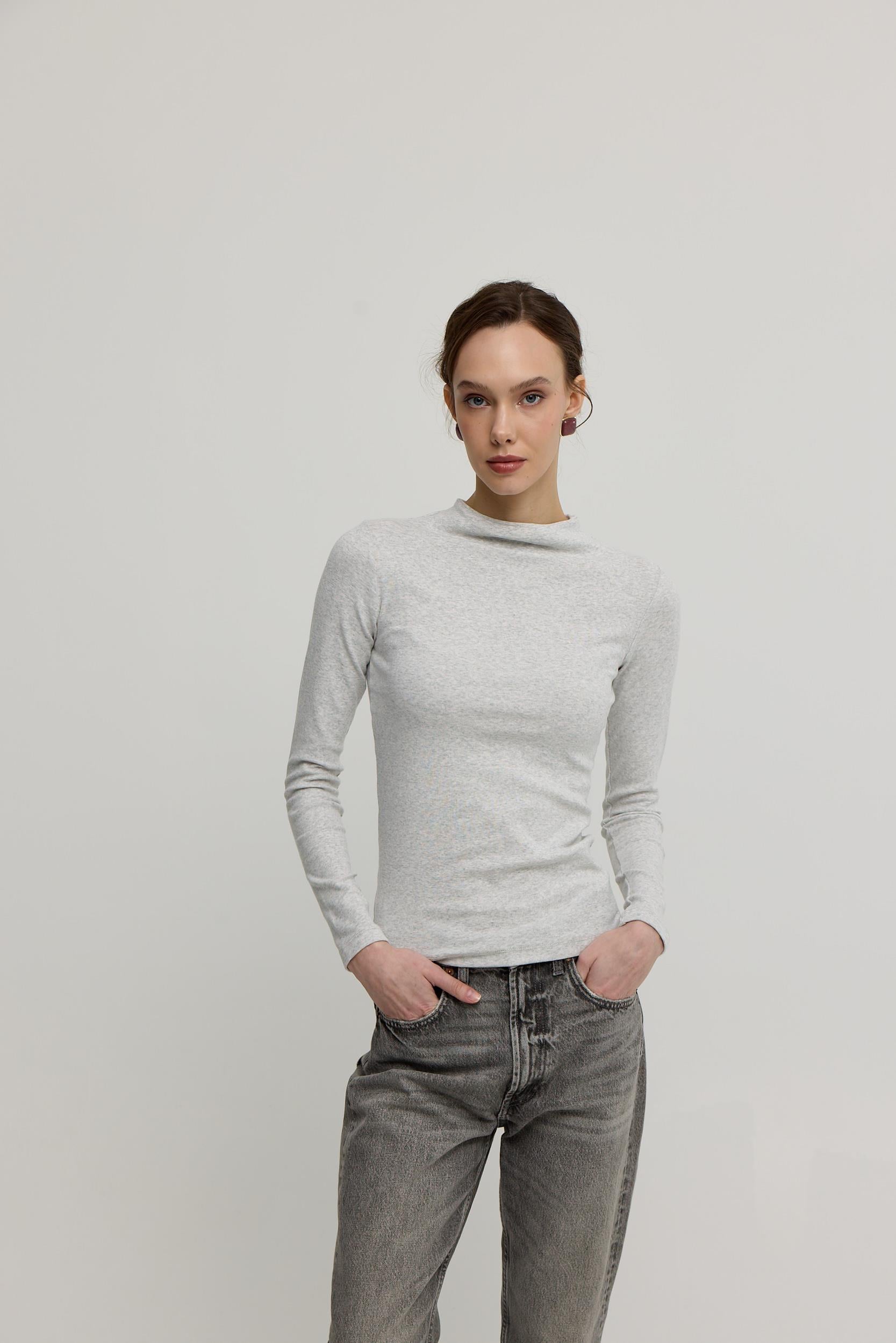 Kadın Kar Melanj Basic Boğazlı Uzun Kollu Body