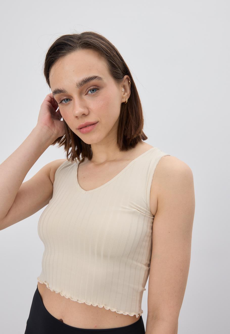 Kadın Krem Renk V Yaka Crop Bluz