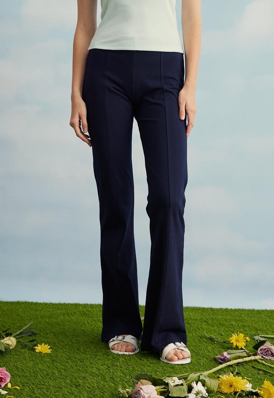 Kadın Lacivert Çımalı İspanyol Paça Pantolon