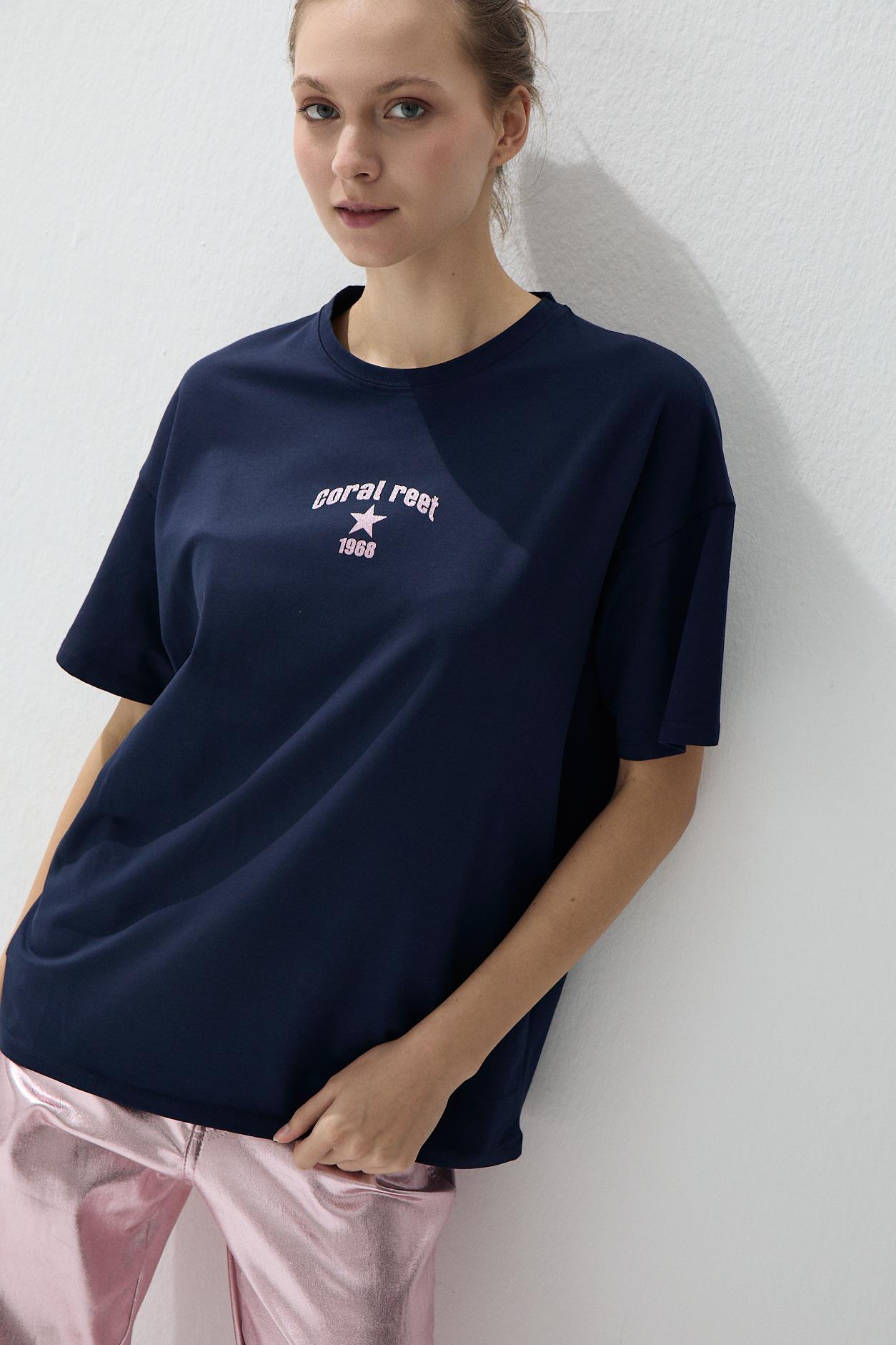 Kadın Lacivert Renk Pembe Sim Baskılı Oversize T-shirt