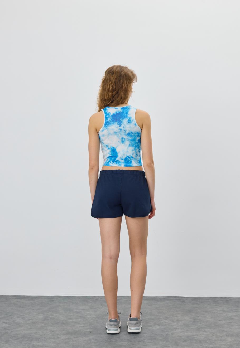 Kadın Mavi Batik Sıfır Kol Crop Bluz