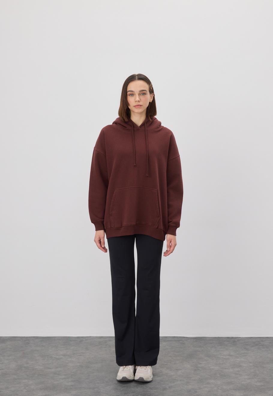 Kadın Oversize Çikolata Kapüşonlu Sweatshirt