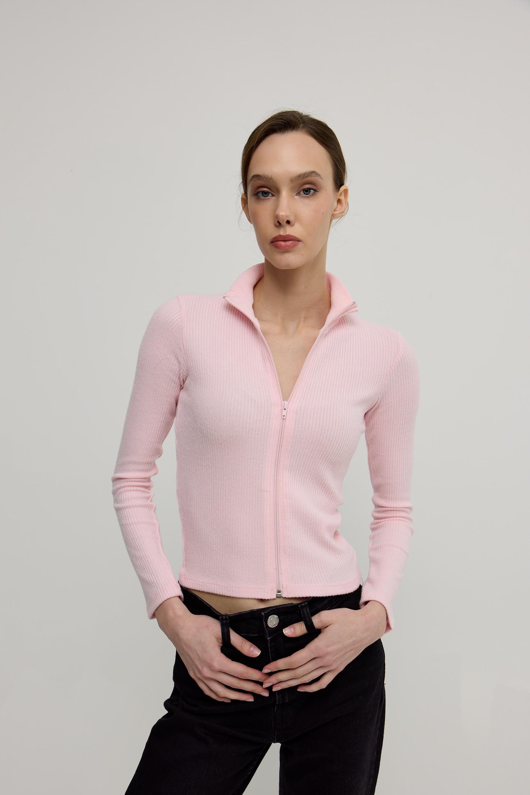 Kadın Pembe Renk Yarım Balıkçı Fermuarlı Crop Hırka