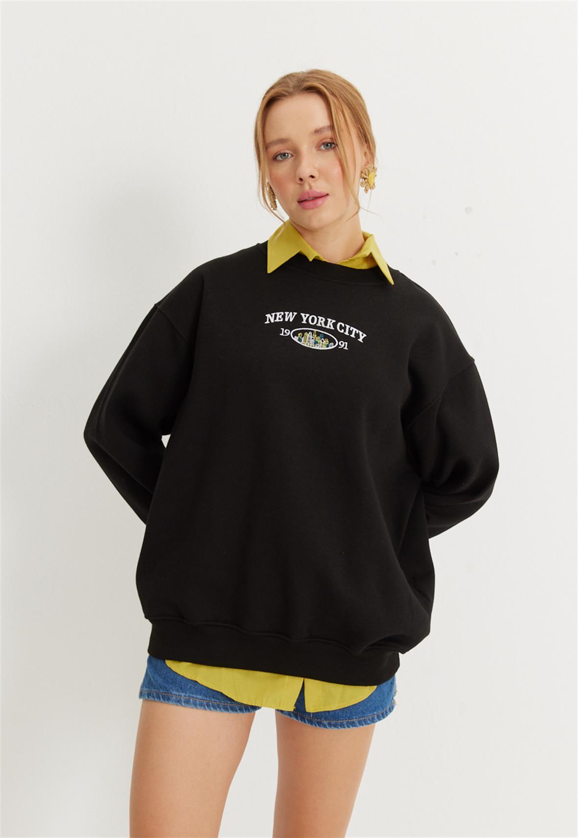 Kadın Siyah New York City Baskılı Oversize Sweatshirt