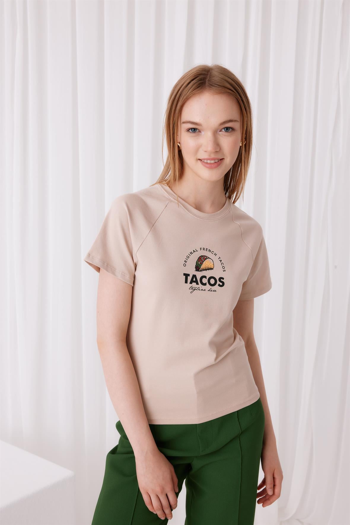 Kadın Tacos Baskılı Kısa Kollu T-Shirt