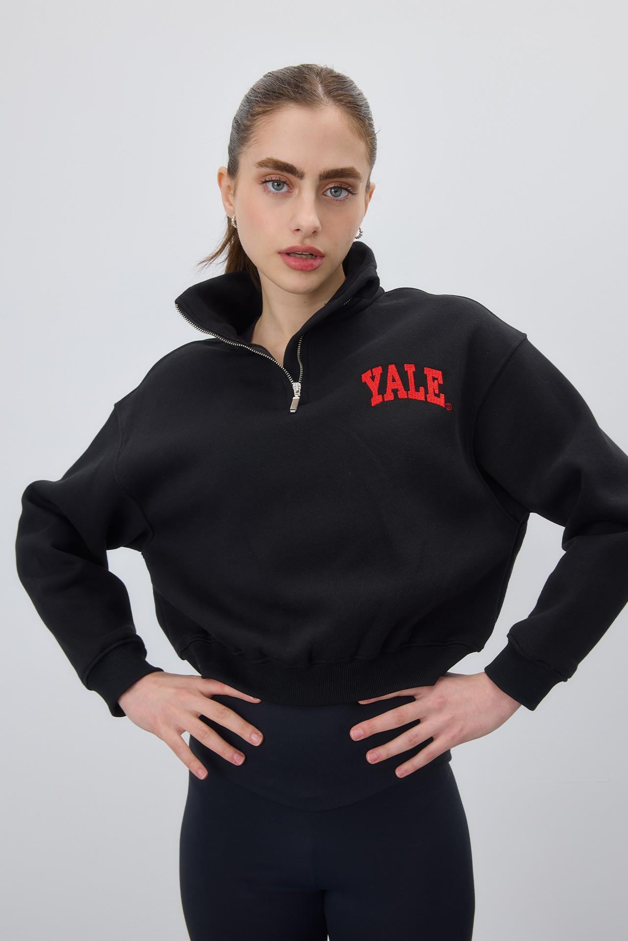 Şardonlu Yale Nakış Baskılı Crop Sweatshirt