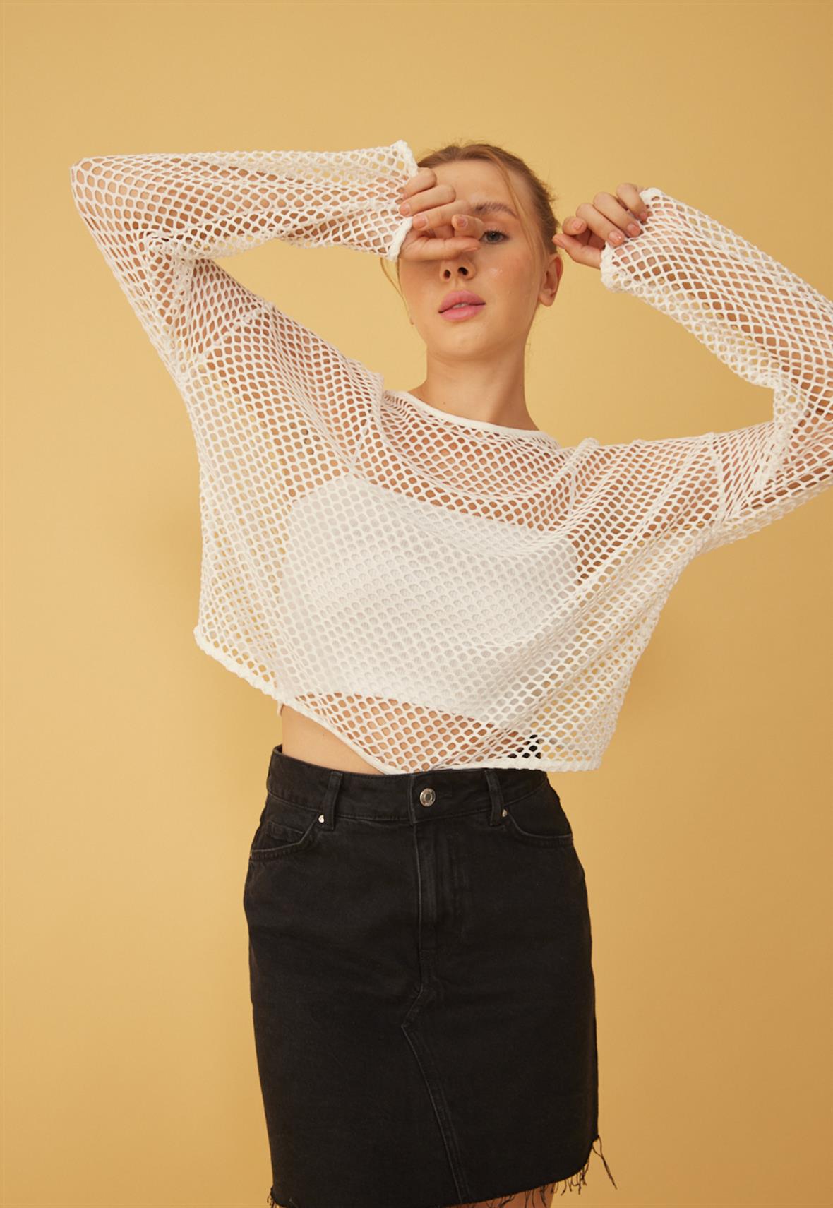 Uzun Kollu Fİle Crop Bluz