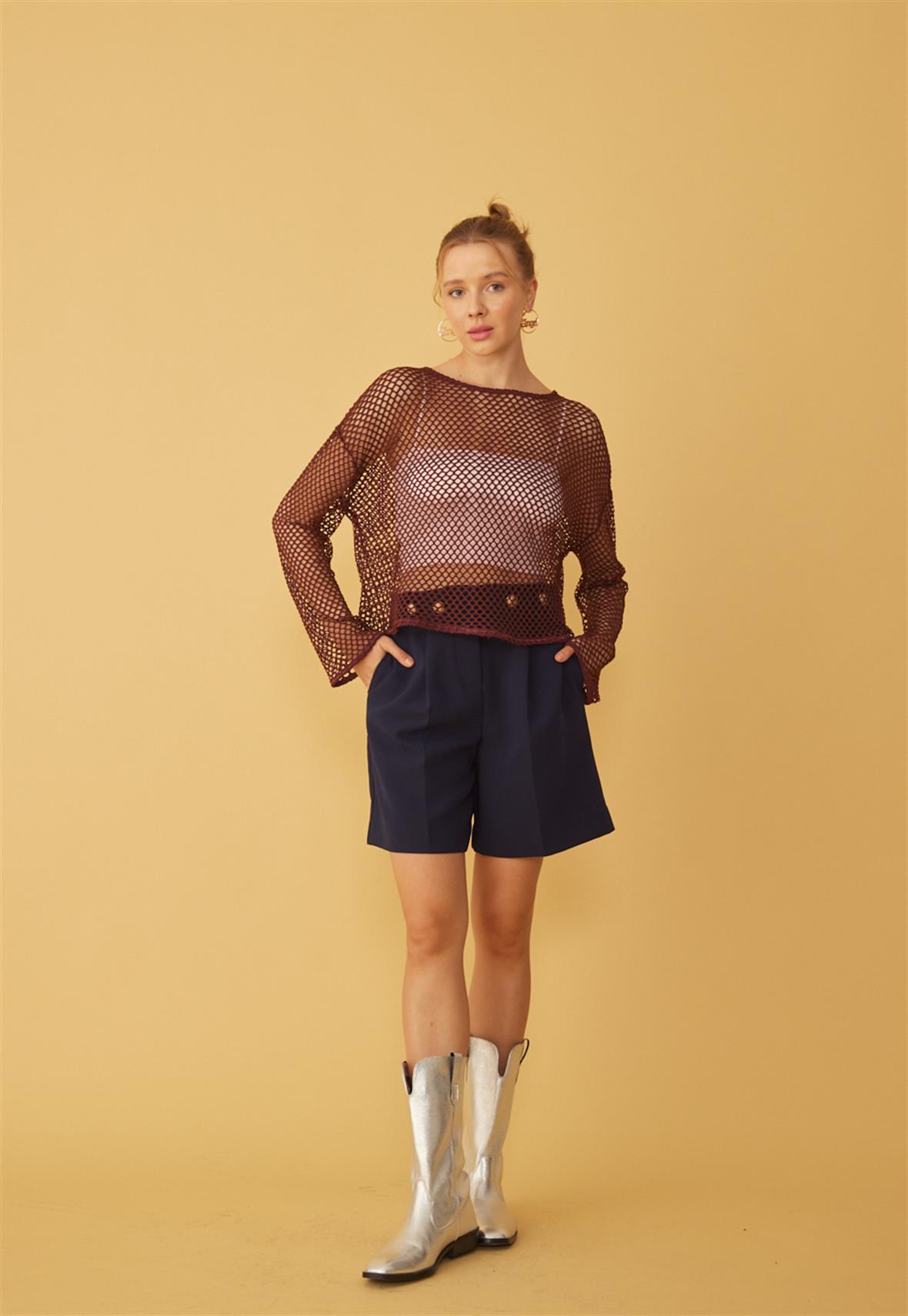 Uzun Kollu Fİle Crop Bluz