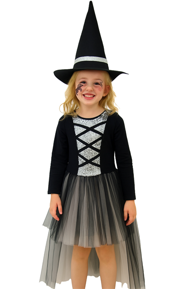 Cadılar Bayramı Halloween Gümüş-Siyah 6-7 Yaş Şapkalı Cadı Kız Çocuk Kostümü