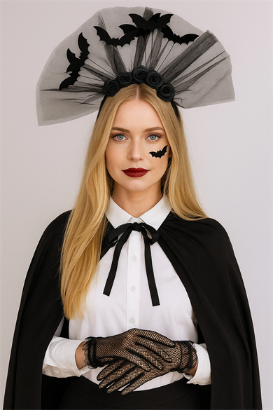 Halloween Cadılar Bayramı Güllü Tül Detaylı Yarasa Taç  