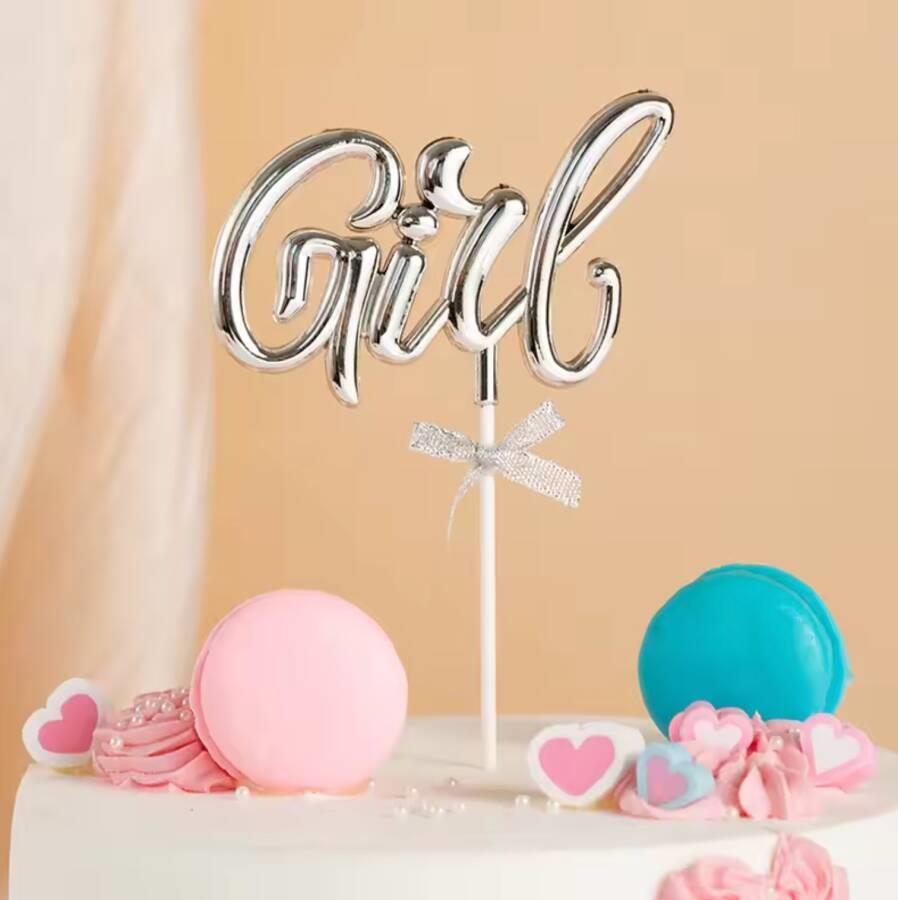 Pasta Üstü Çubuklu Süs Gümüş “Girl” Yazılı | Baby Shower Cinsiyet