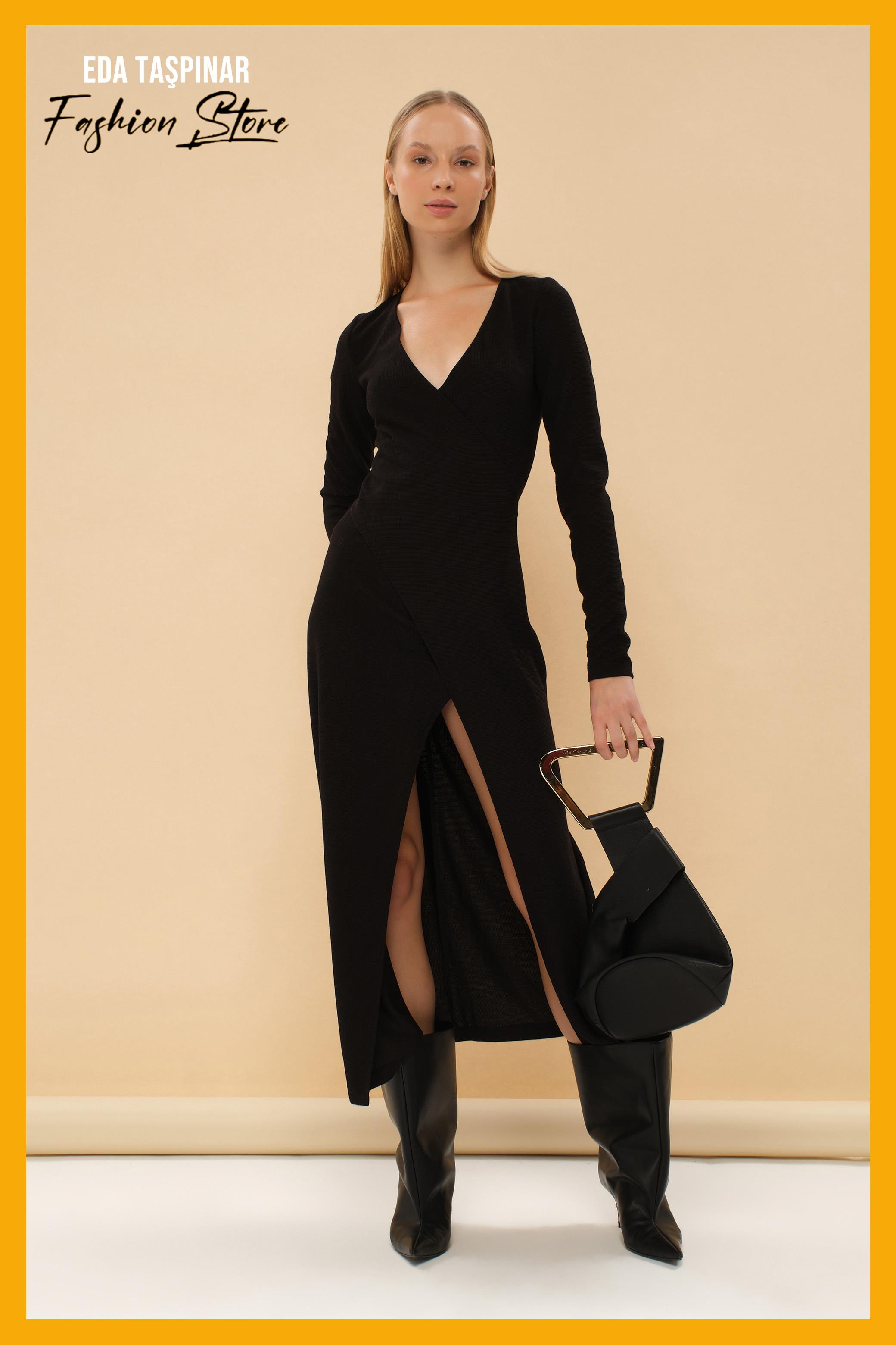 Anvelop Yaka Yırtmaçlı Pamuk Dokuma Elbise 