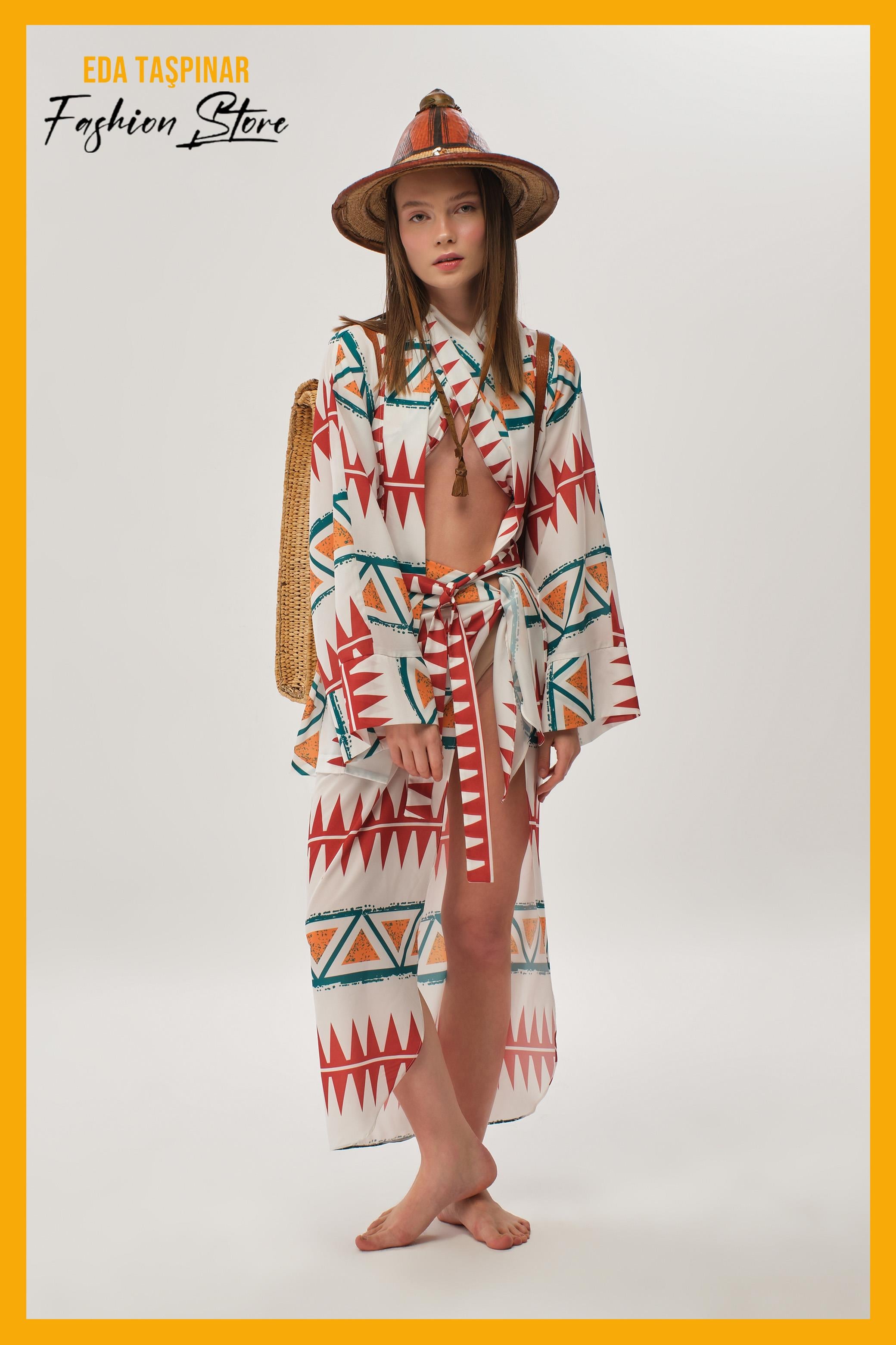 Iconic Design Kimono Halter Yaka Üst Pareo Etnik Desenli Takım 