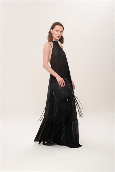 Iconic Design Siyah Sırt Dekolteli Şifon Elbise 