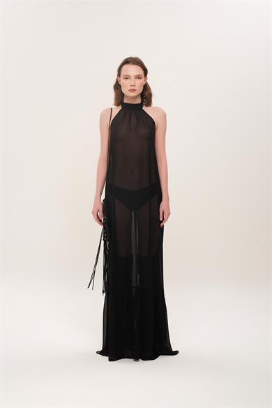 Iconic Design Siyah Sırt Dekolteli Şifon Elbise 